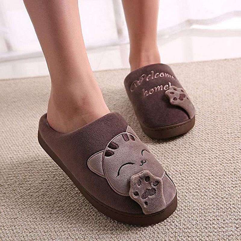 Chaussons d'hiver chauds pour femmes, chaussures de couple en peluche motif chat, chaussures plates douces d'intérieur, confortables, en mousse à mémoire de forme, chaussons chauds à enfiler pour la maison