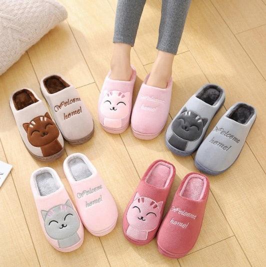 Chaussons d'hiver chauds pour femmes, chaussures de couple en peluche motif chat, chaussures plates douces d'intérieur, confortables, en mousse à mémoire de forme, chaussons chauds à enfiler pour la maison