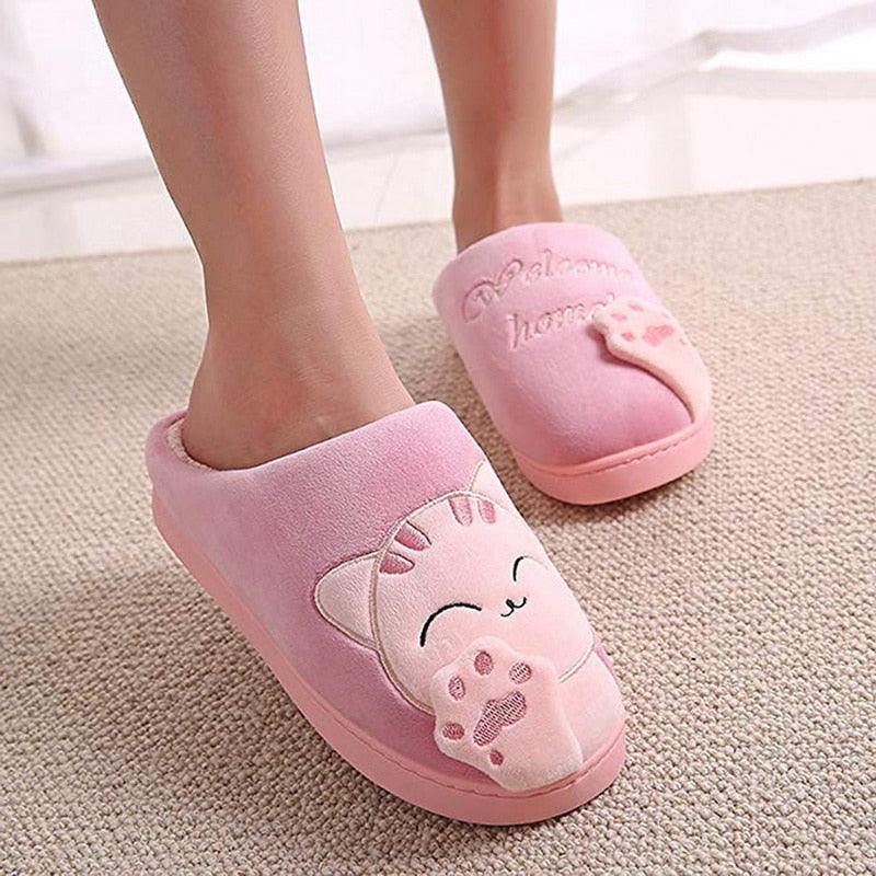 Chaussons d'hiver chauds pour femmes, chaussures de couple en peluche motif chat, chaussures plates douces d'intérieur, confortables, en mousse à mémoire de forme, chaussons chauds à enfiler pour la maison