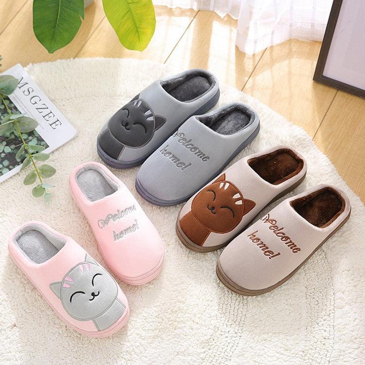 Chaussons d'hiver chauds pour femmes, chaussures de couple en peluche motif chat, chaussures plates douces d'intérieur, confortables, en mousse à mémoire de forme, chaussons chauds à enfiler pour la maison