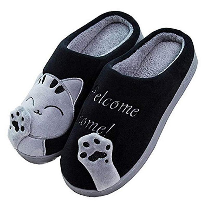 Chaussons d'hiver chauds pour femmes, chaussures de couple en peluche motif chat, chaussures plates douces d'intérieur, confortables, en mousse à mémoire de forme, chaussons chauds à enfiler pour la maison