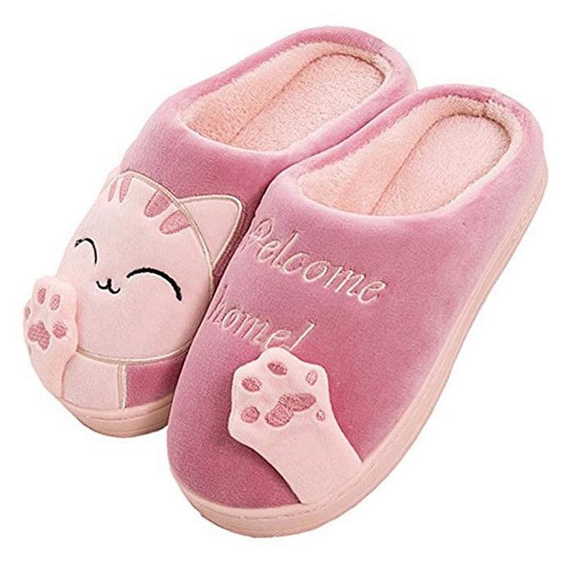 Chaussons d'hiver chauds pour femmes, chaussures de couple en peluche motif chat, chaussures plates douces d'intérieur, confortables, en mousse à mémoire de forme, chaussons chauds à enfiler pour la maison