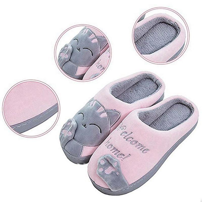 Chaussons d'hiver chauds pour femmes, chaussures de couple en peluche motif chat, chaussures plates douces d'intérieur, confortables, en mousse à mémoire de forme, chaussons chauds à enfiler pour la maison
