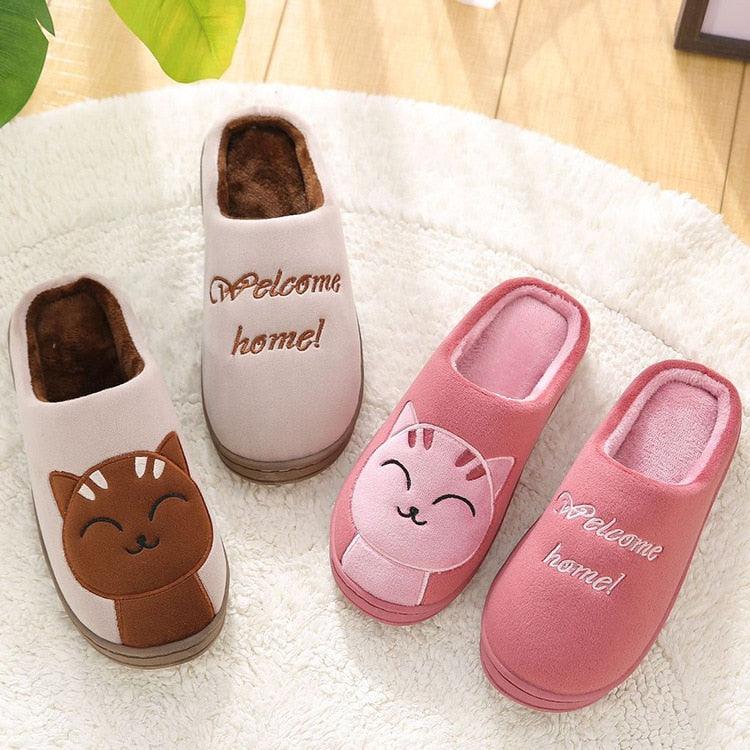 Chaussons d'hiver chauds pour femmes, chaussures de couple en peluche motif chat, chaussures plates douces d'intérieur, confortables, en mousse à mémoire de forme, chaussons chauds à enfiler pour la maison