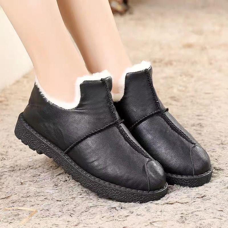 Chaussures d'hiver chaudes de luxe pour femmes Imperméables en peluche et cuir Chaussures en coton pour la maison Quotidien Antidérapantes Semelle souple Doublure en peluche Bottines fourrées chaudes à lacets Plateforme plate Élégantes Confortables Noires