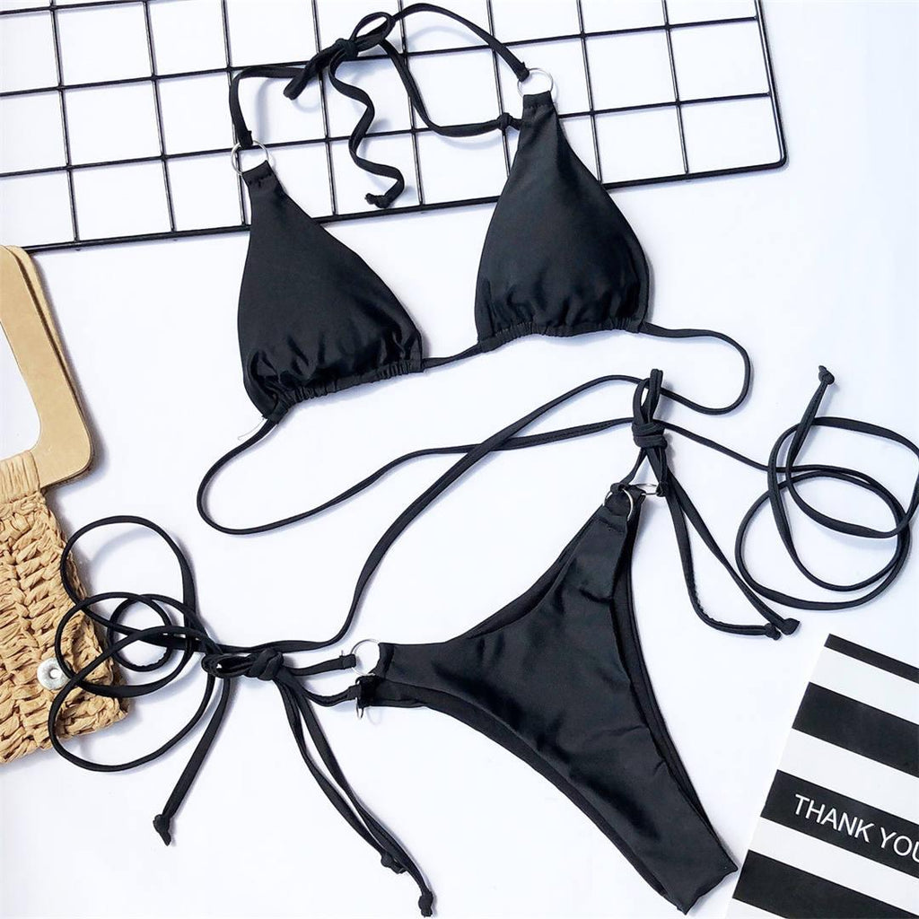Ensemble bikini 2 pièces pour femme, maillot de bain, licou, croisé devant, taille haute, coupe échancrée, ajustable, avec liens à nouer