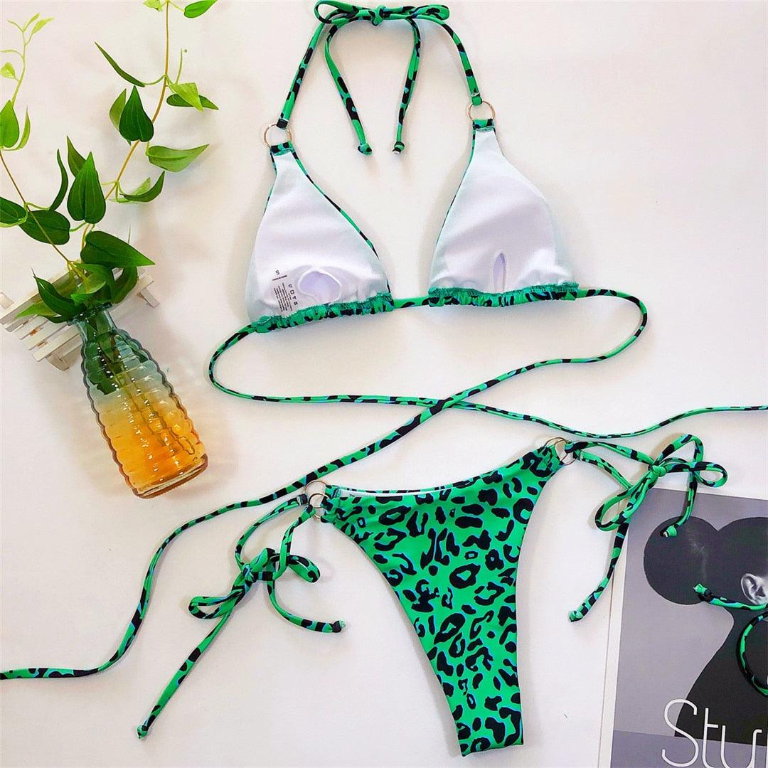 Ensemble bikini 2 pièces pour femme, maillot de bain, licou, croisé devant, taille haute, coupe échancrée, ajustable, avec liens à nouer
