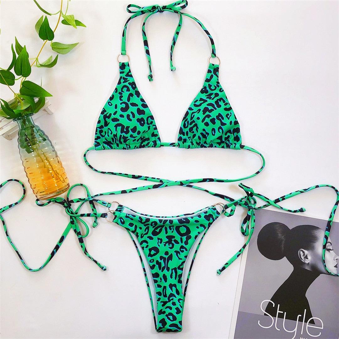 Ensemble bikini 2 pièces pour femme, maillot de bain, licou, croisé devant, taille haute, coupe échancrée, ajustable, avec liens à nouer