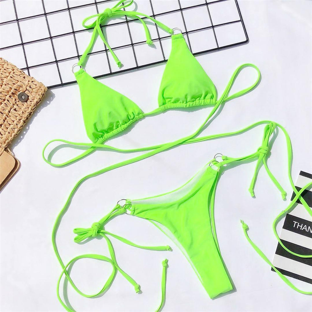 Ensemble bikini 2 pièces pour femme, maillot de bain, licou, croisé devant, taille haute, coupe échancrée, ajustable, avec liens à nouer