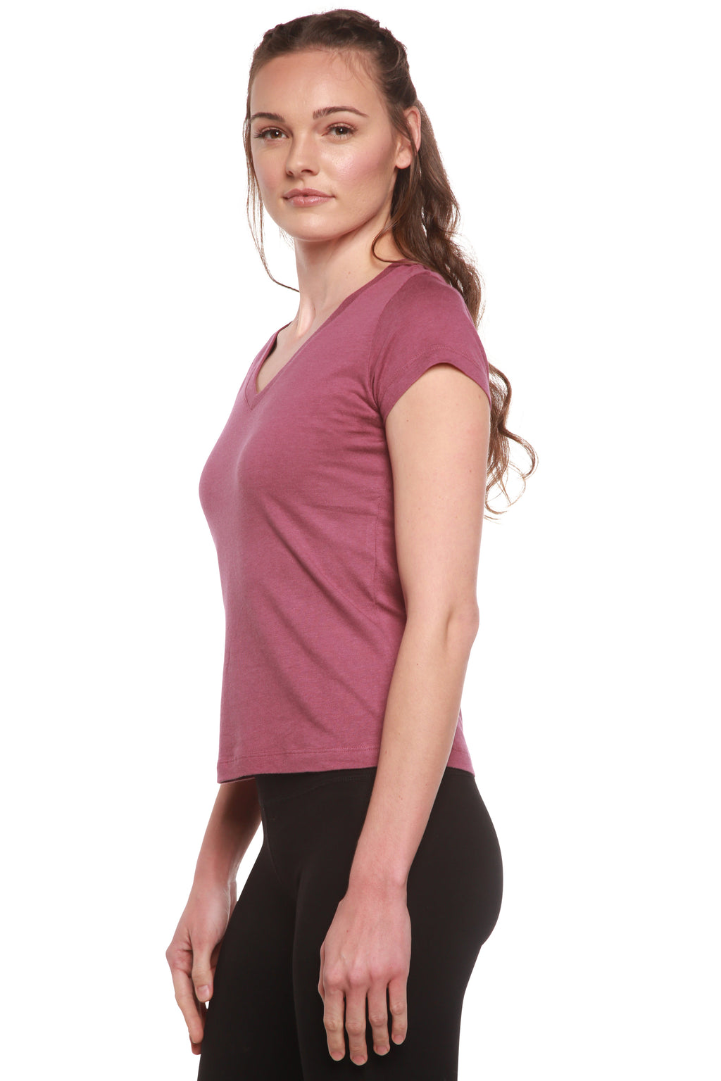 T-shirt à col en V et manches courtes en viscose de bambou/coton pour femme