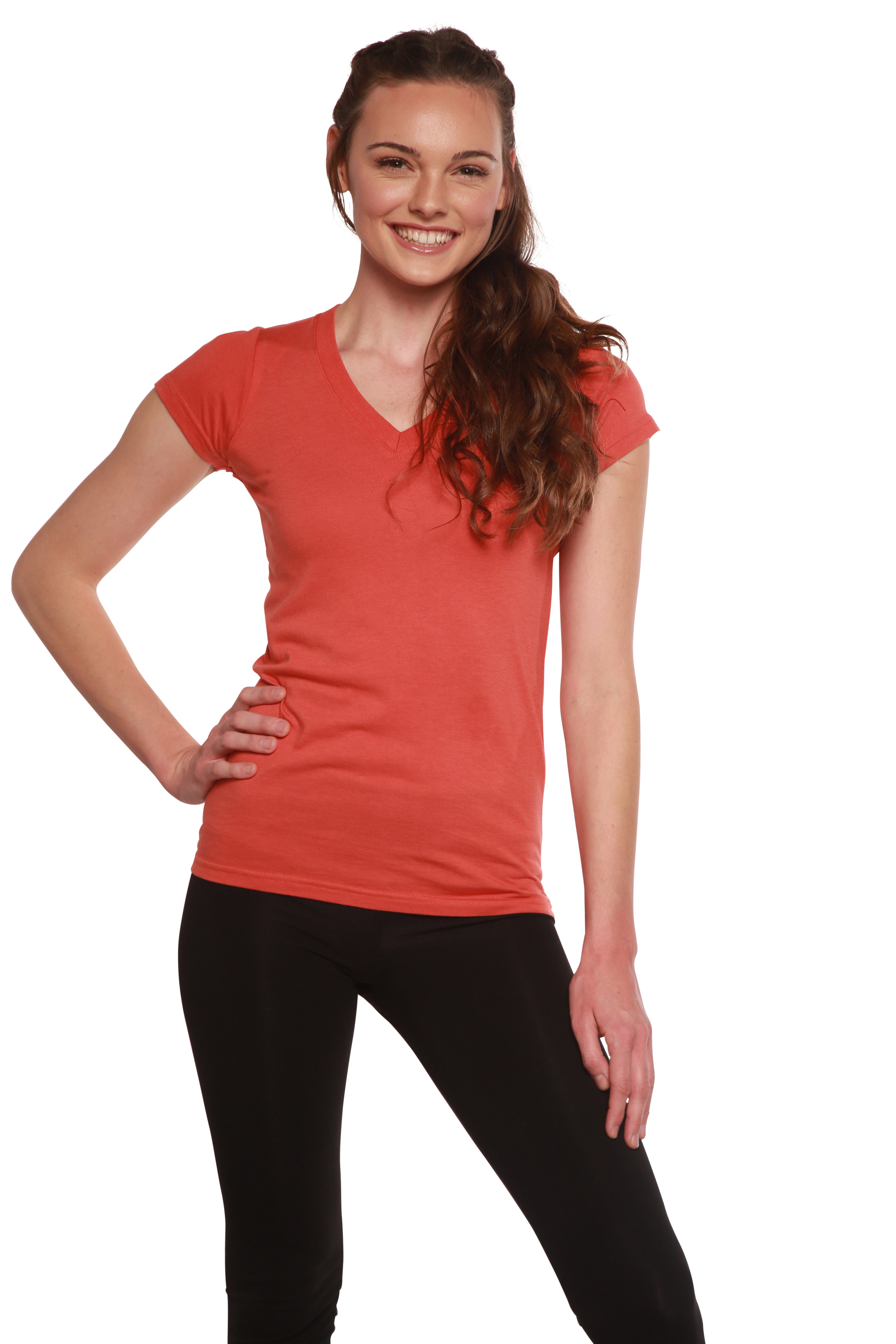 T-shirt à col en V et manches courtes en viscose de bambou/coton pour femme