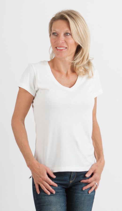T-shirt à col en V et manches courtes en viscose de bambou/coton pour femme