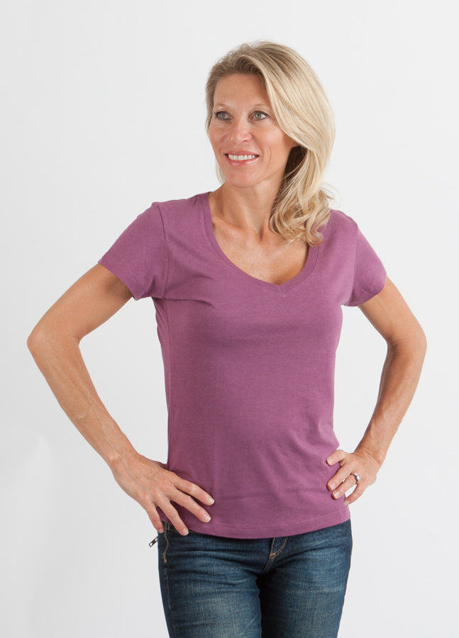 T-shirt à col en V et manches courtes en viscose de bambou/coton pour femme