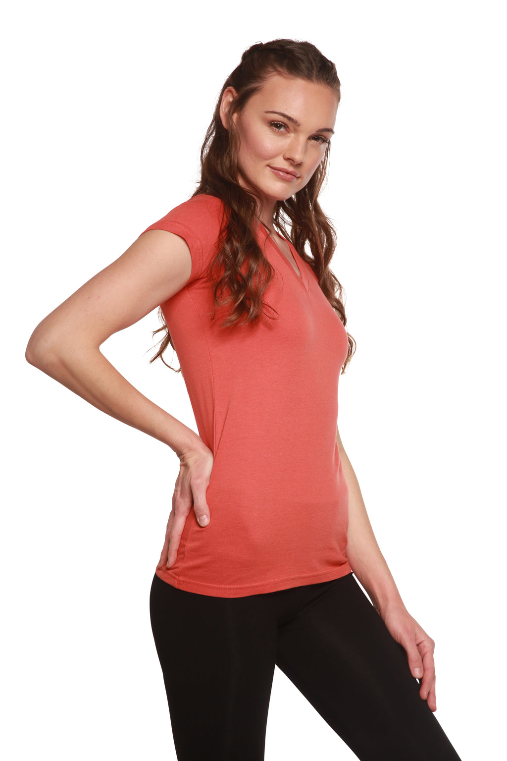 T-shirt à col en V et manches courtes en viscose de bambou/coton pour femme
