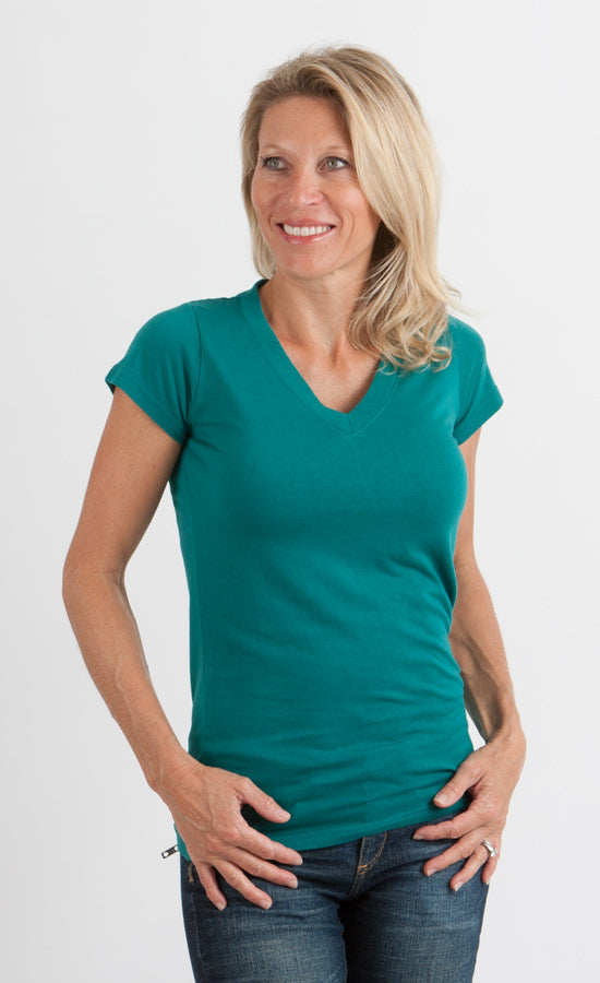 T-shirt à col en V et manches courtes en viscose de bambou/coton pour femme