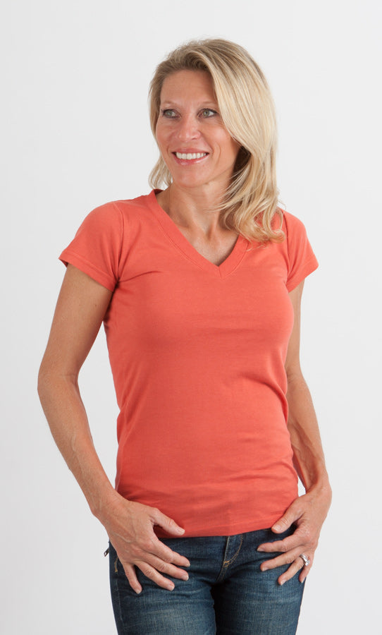 T-shirt à col en V et manches courtes en viscose de bambou/coton pour femme