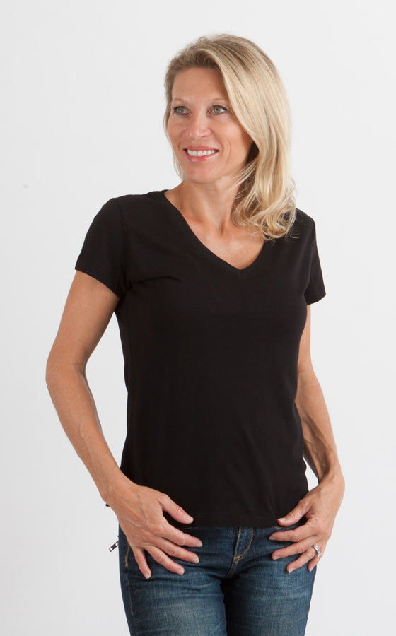 T-shirt à col en V et manches courtes en viscose de bambou/coton pour femme