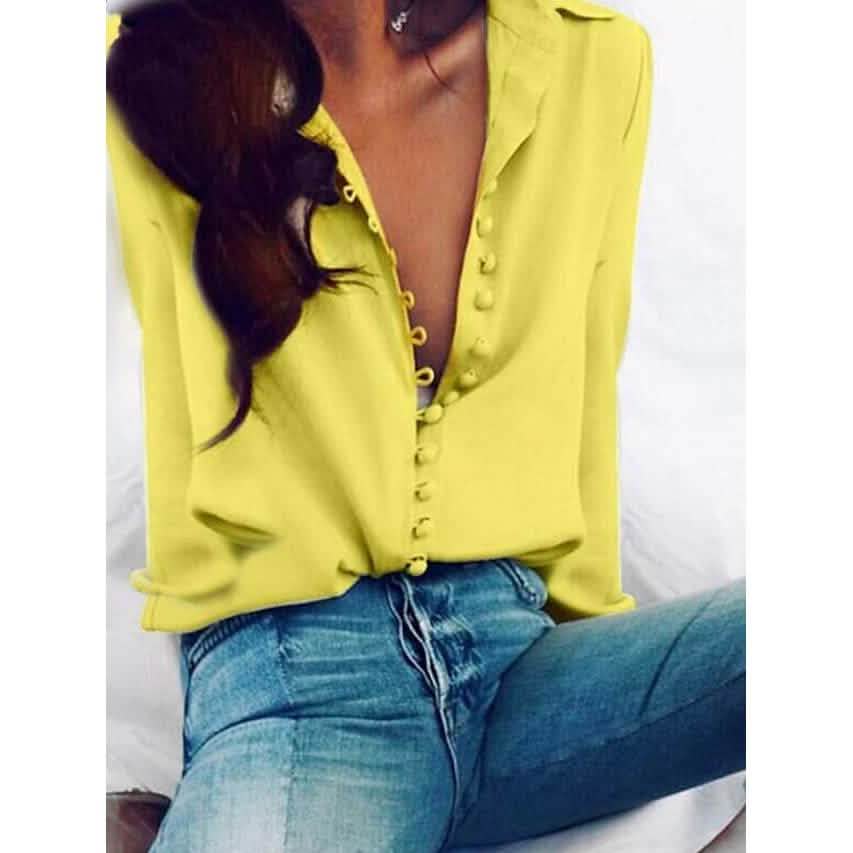 Chemisier Femme Manches Longues Couleur Unie Col V Boutonné Haut Basique