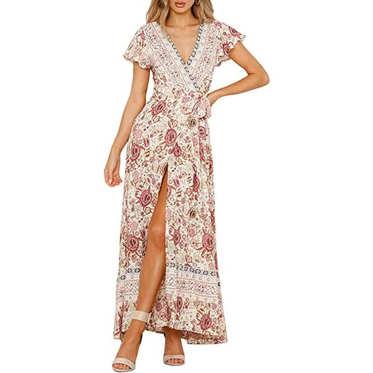 Robe longue portefeuille à col en V pour femme, imprimé floral bohème