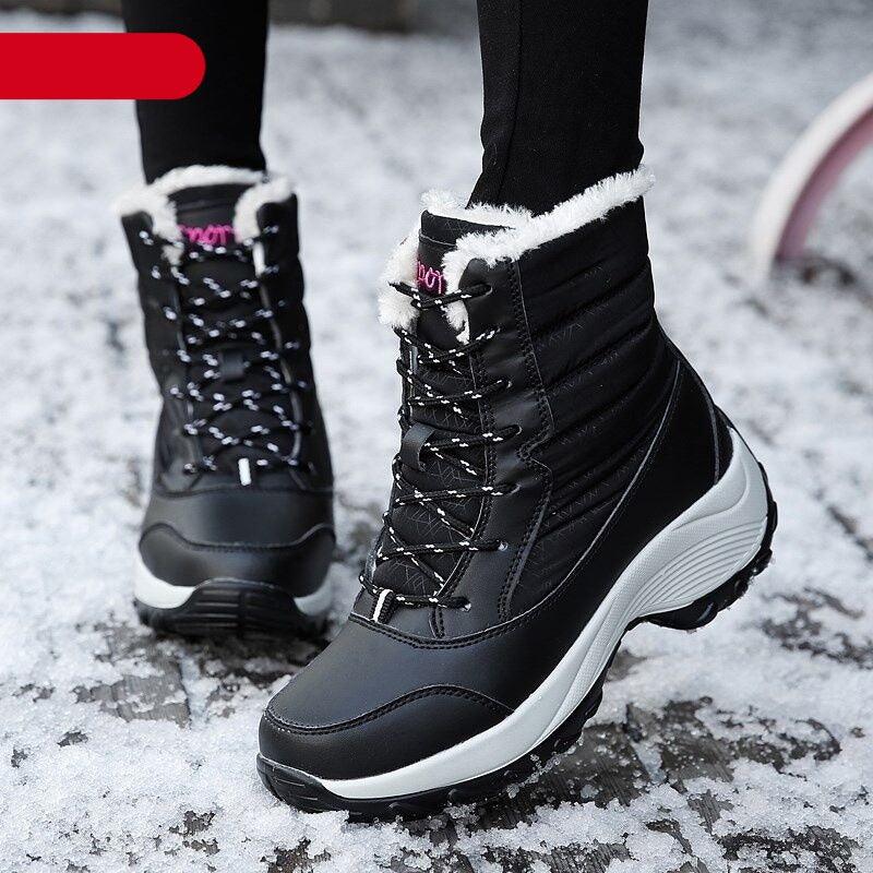 Bottes pour femmes Chaussures d'hiver imperméables Bottes de neige gardant au chaud Bottines d'hiver à talons épais en fourrure Bottines de randonnée imperméables antidérapantes en fourrure chaude pour l'extérieur