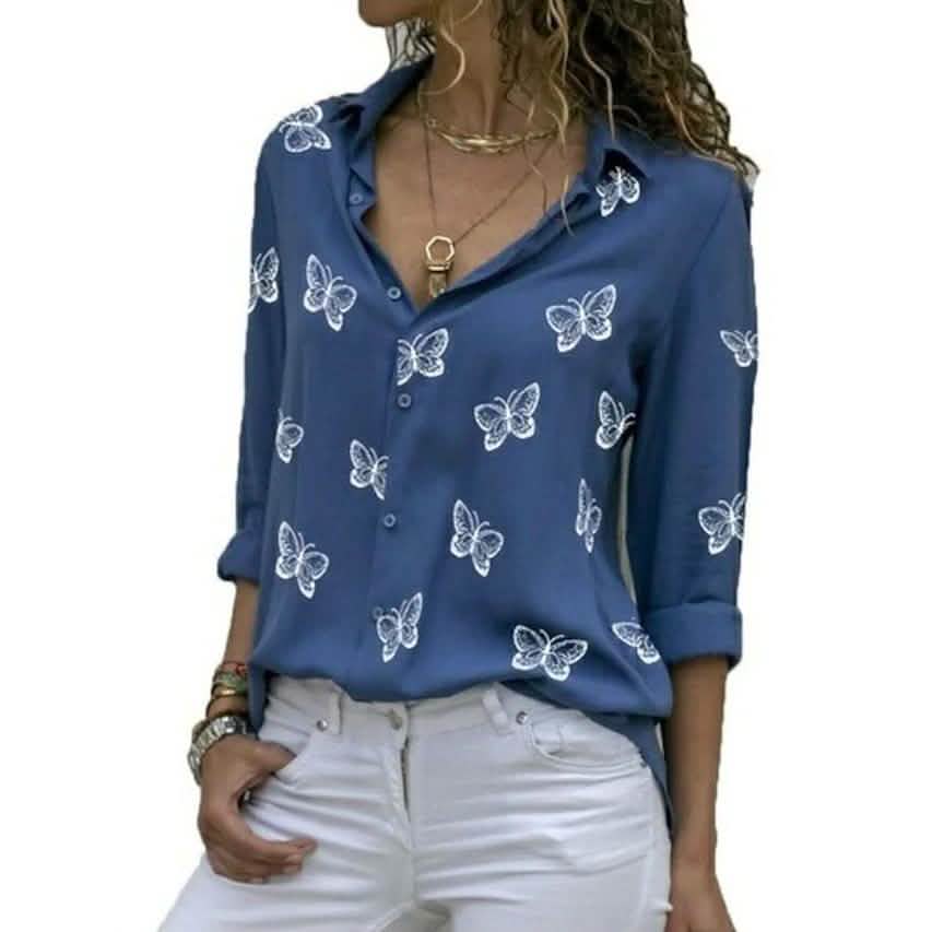 Haut basique pour femme à manches longues imprimé papillon et col chemise