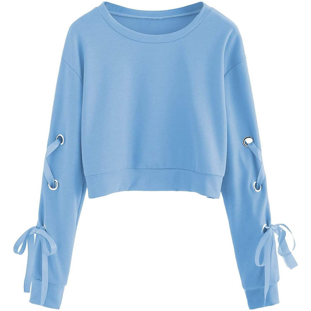 Sweat-shirt court à manches longues et lacets décontracté pour femme