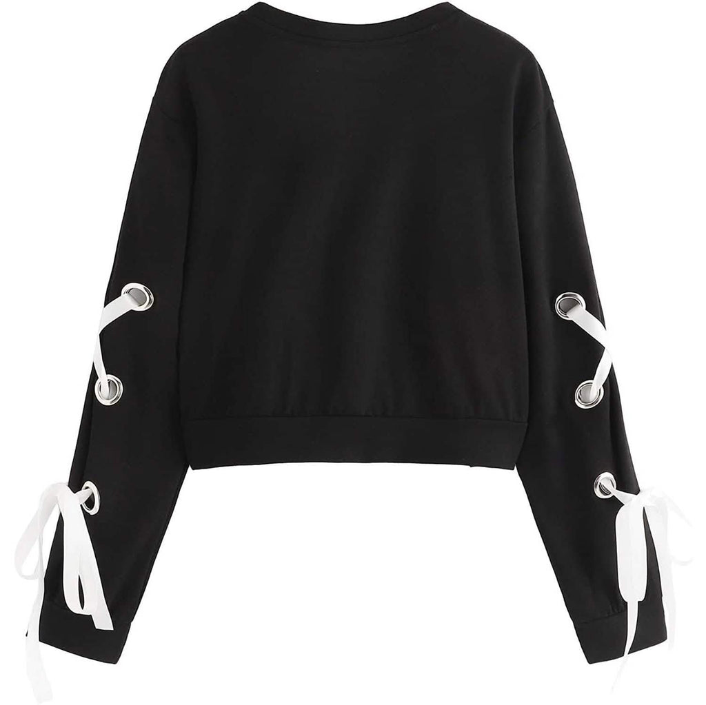 Sweat-shirt court à manches longues et lacets décontracté pour femme