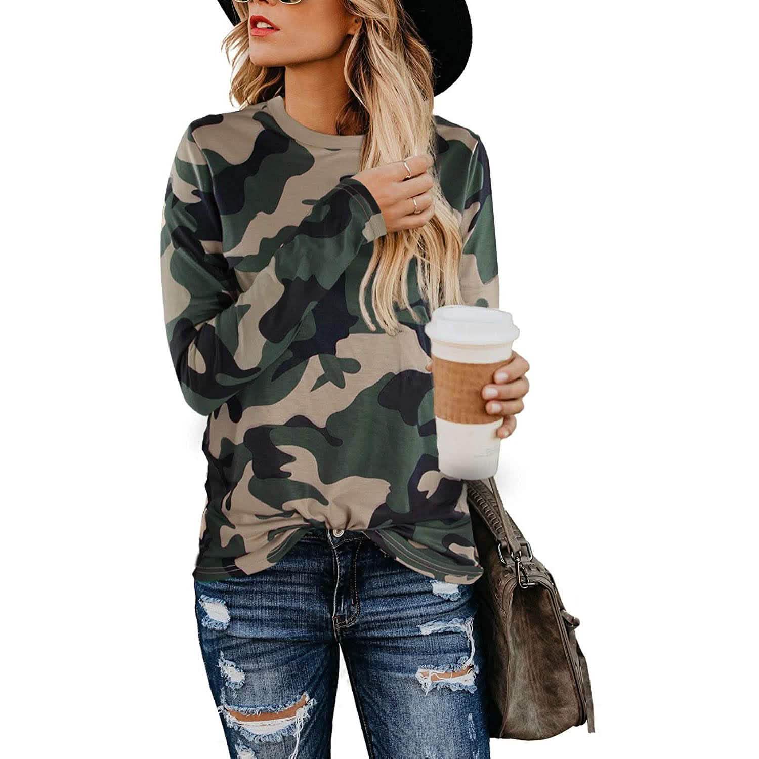 Haut décontracté pour femme imprimé léopard Manches longues T-shirt Blouse mignonne Tees graphiques
