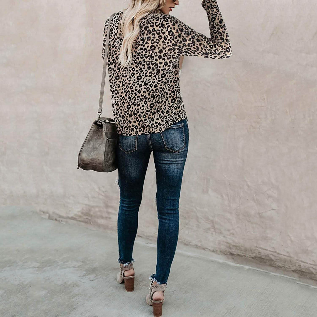 Haut décontracté pour femme imprimé léopard Manches longues T-shirt Blouse mignonne Tees graphiques