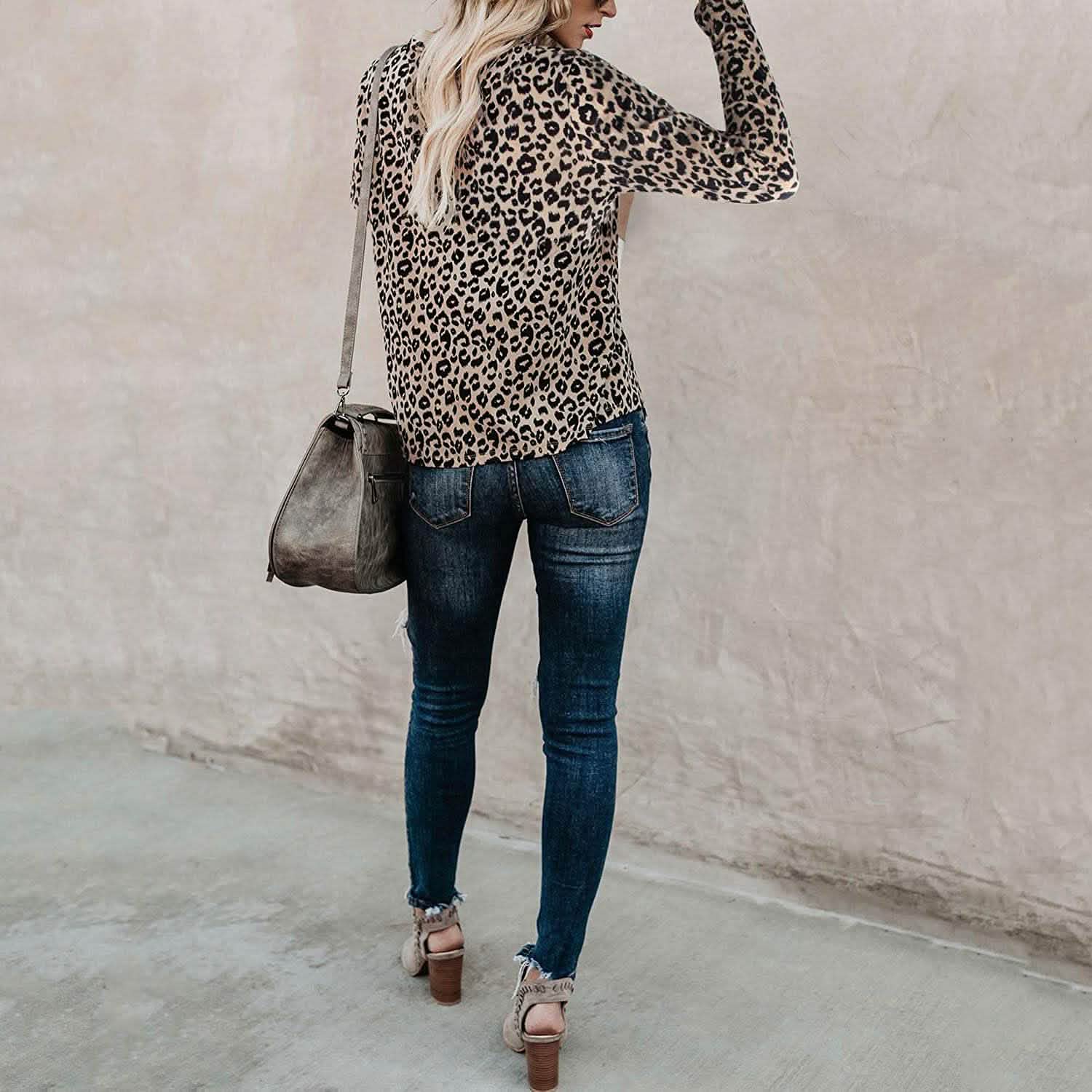Haut décontracté pour femme imprimé léopard Manches longues T-shirt Blouse mignonne Tees graphiques