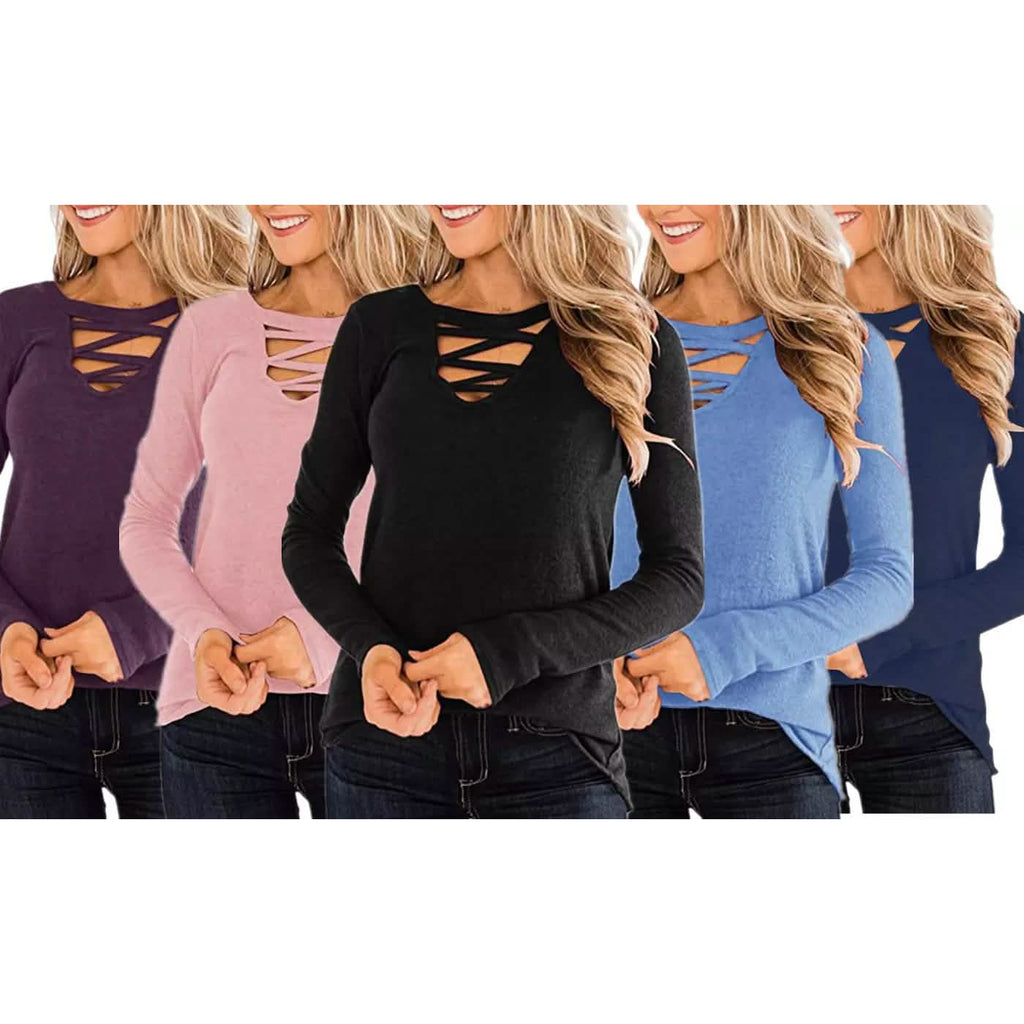 Haut basique pour femme, t-shirt décontracté à manches longues, col en V croisé