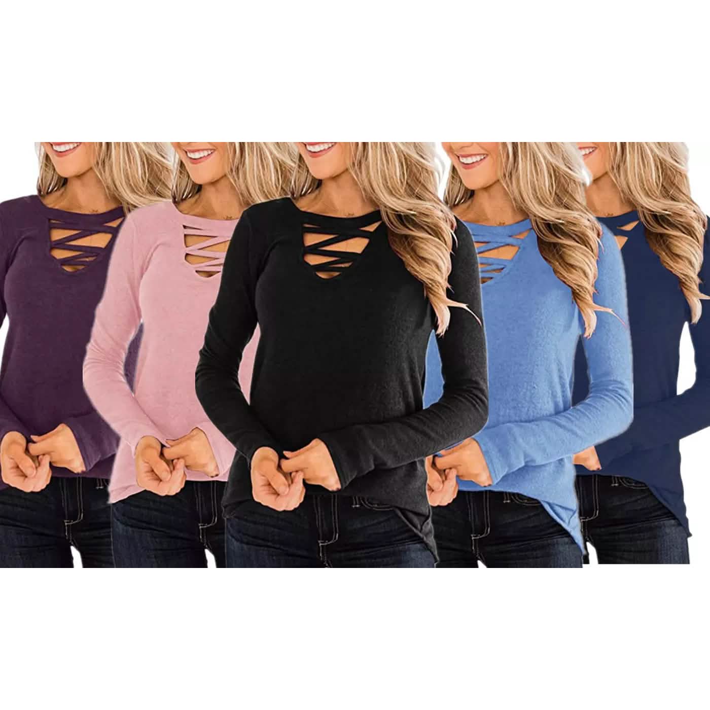 Haut basique pour femme, t-shirt décontracté à manches longues, col en V croisé