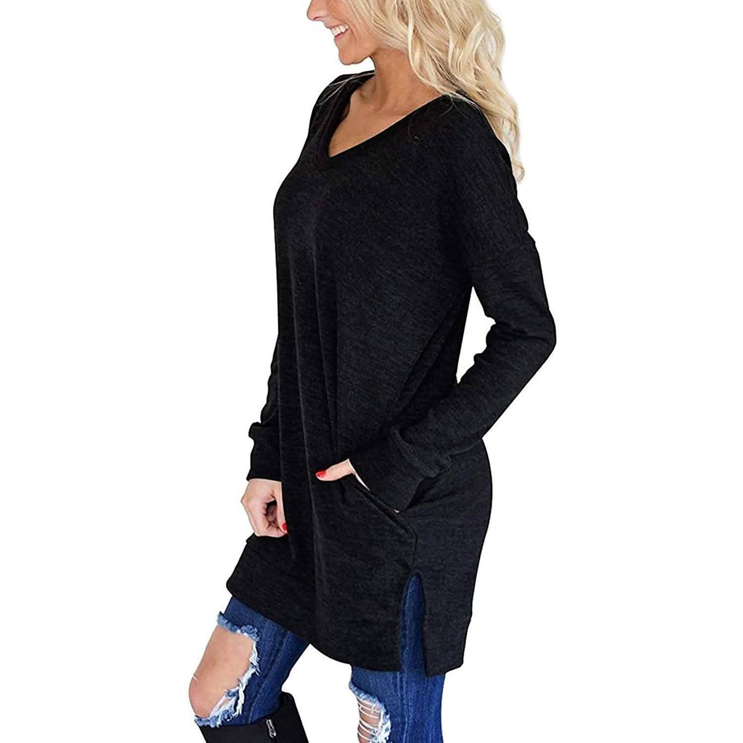 Haut Tunique Décontracté à Manches Longues et Col en V pour Femme, Couleur Unie, avec Poches