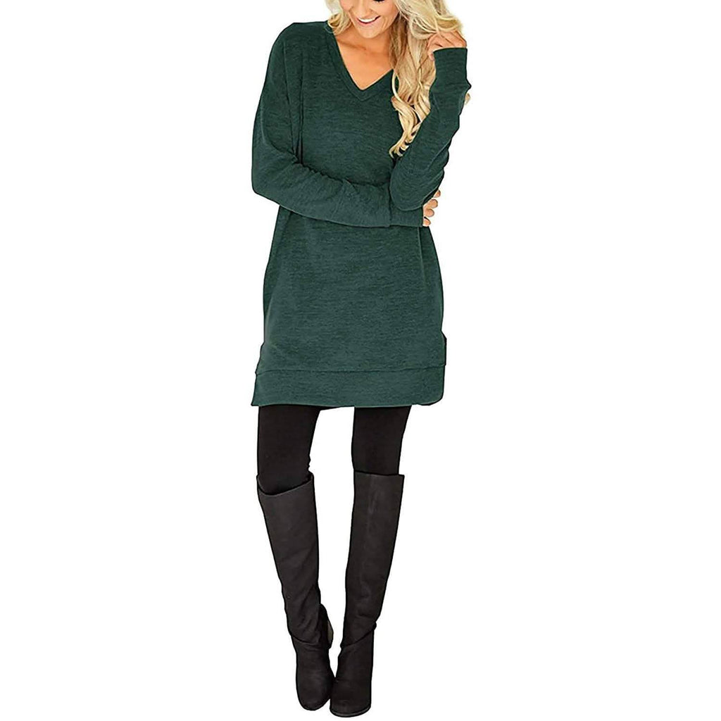 Haut Tunique Décontracté à Manches Longues et Col en V pour Femme, Couleur Unie, avec Poches