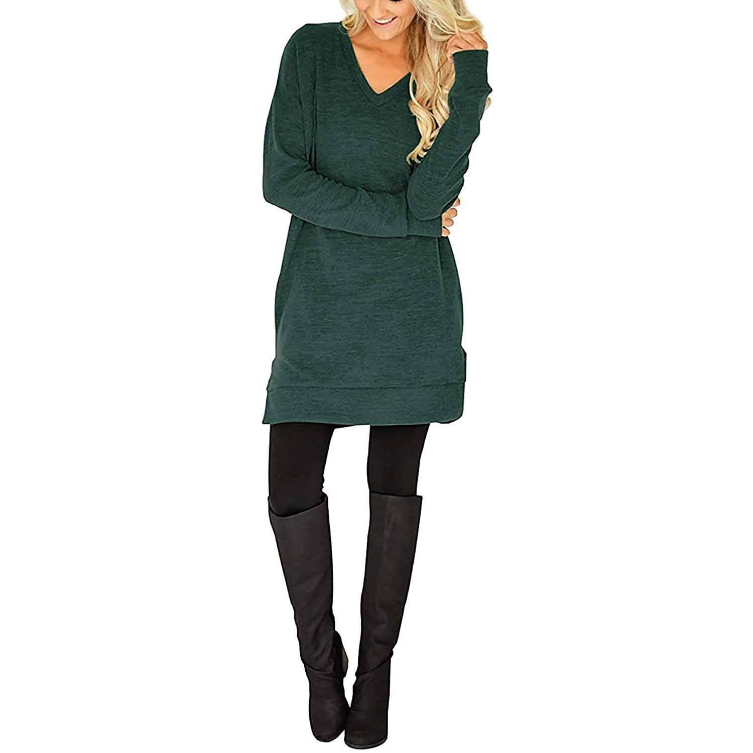 Haut Tunique Décontracté à Manches Longues et Col en V pour Femme, Couleur Unie, avec Poches
