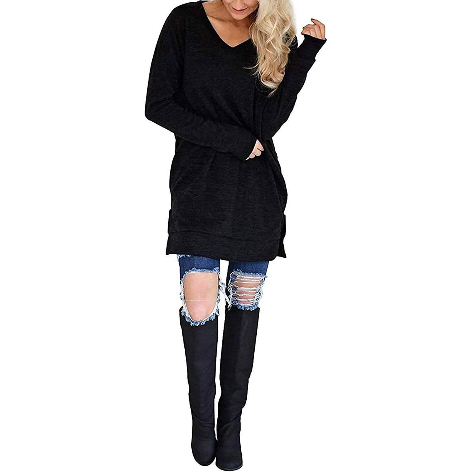 Haut Tunique Décontracté à Manches Longues et Col en V pour Femme, Couleur Unie, avec Poches