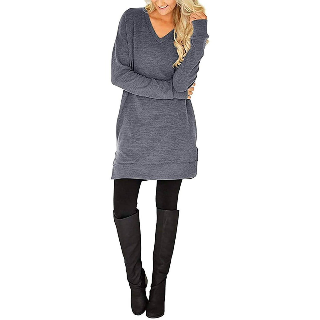 Haut Tunique Décontracté à Manches Longues et Col en V pour Femme, Couleur Unie, avec Poches