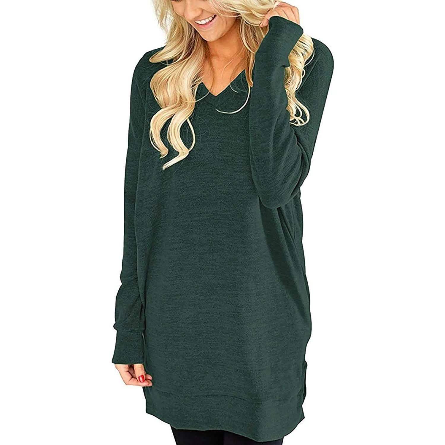 Haut Tunique Décontracté à Manches Longues et Col en V pour Femme, Couleur Unie, avec Poches