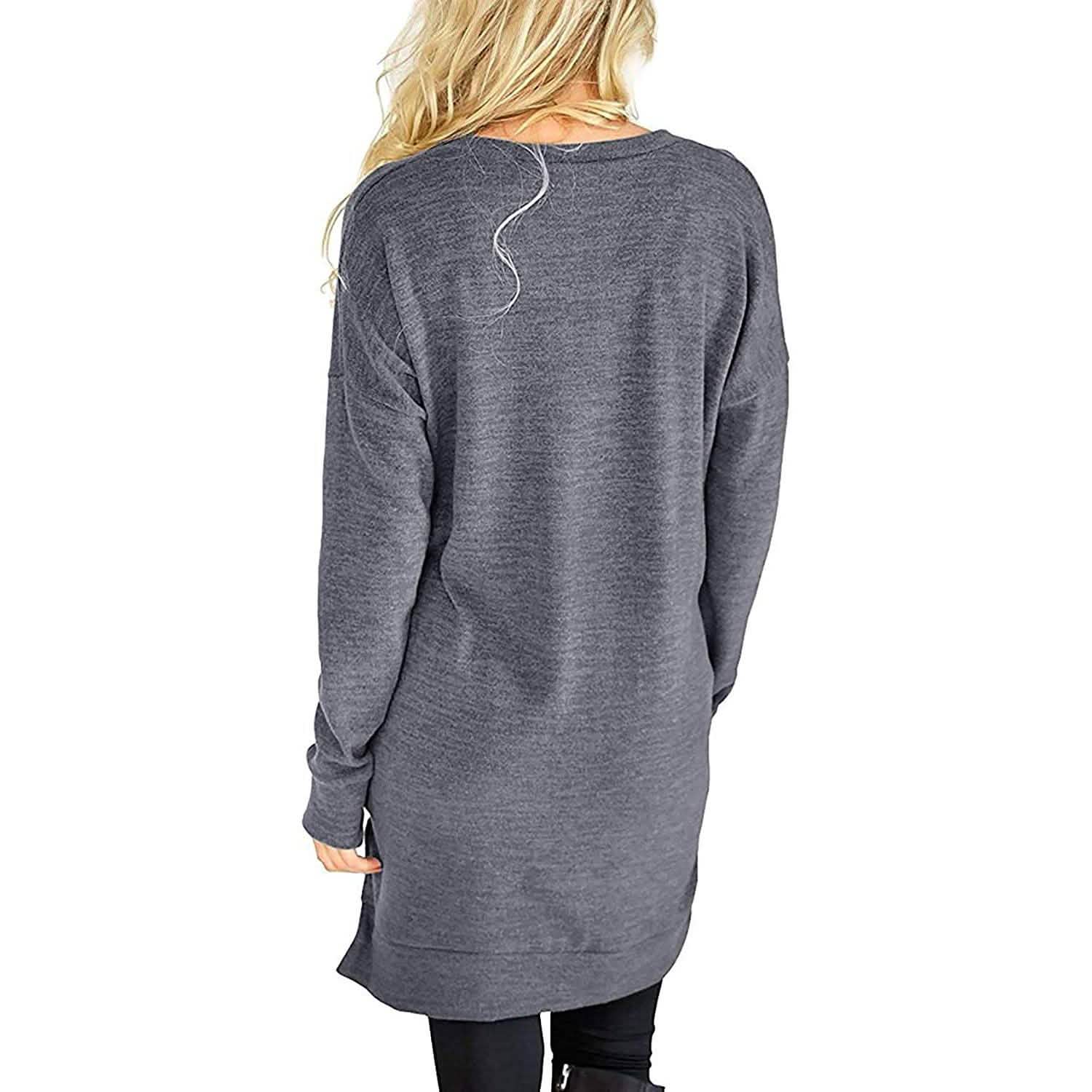 Haut Tunique Décontracté à Manches Longues et Col en V pour Femme, Couleur Unie, avec Poches