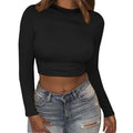 Crop top à manches longues décontracté à col rond pour femme