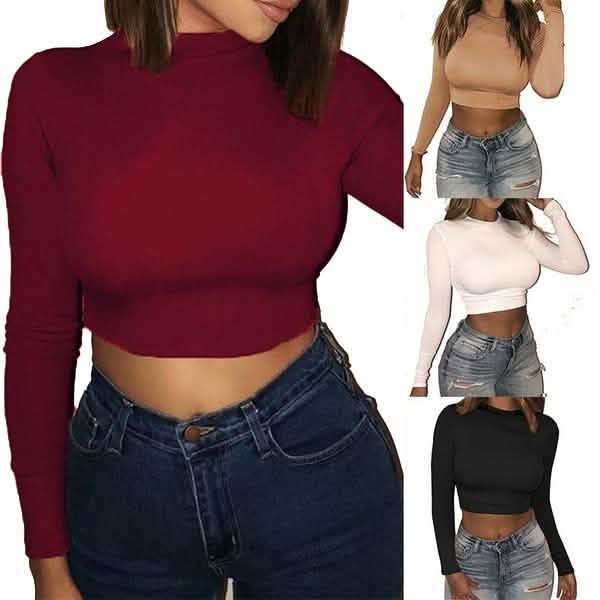 Crop top à manches longues décontracté à col rond pour femme
