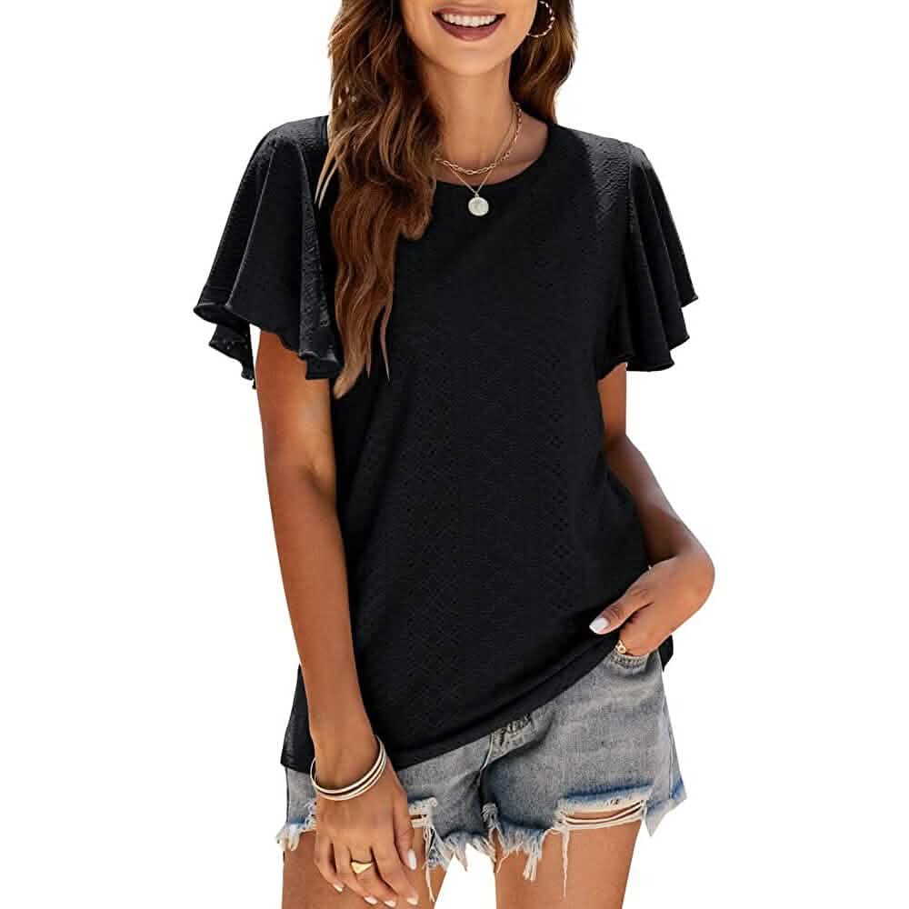 T-shirts décontractés pour femmes, col rond, manches à volants, tuniques d'été