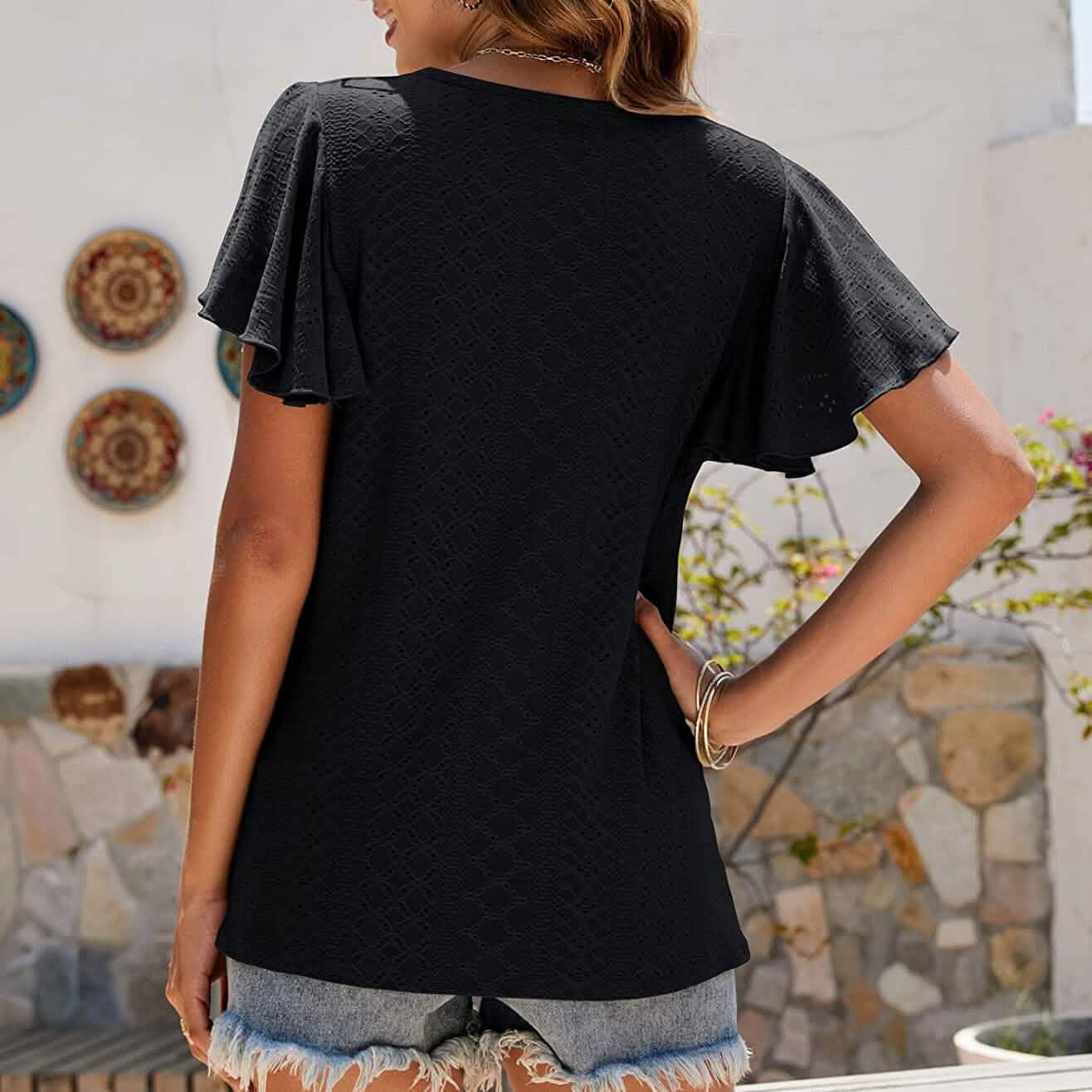 T-shirts décontractés pour femmes, col rond, manches à volants, tuniques d'été