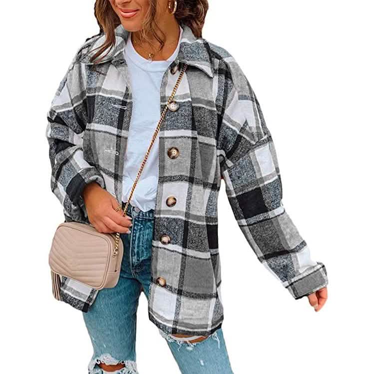 Veste décontractée en laine à carreaux et à manches longues boutonnée pour femme
