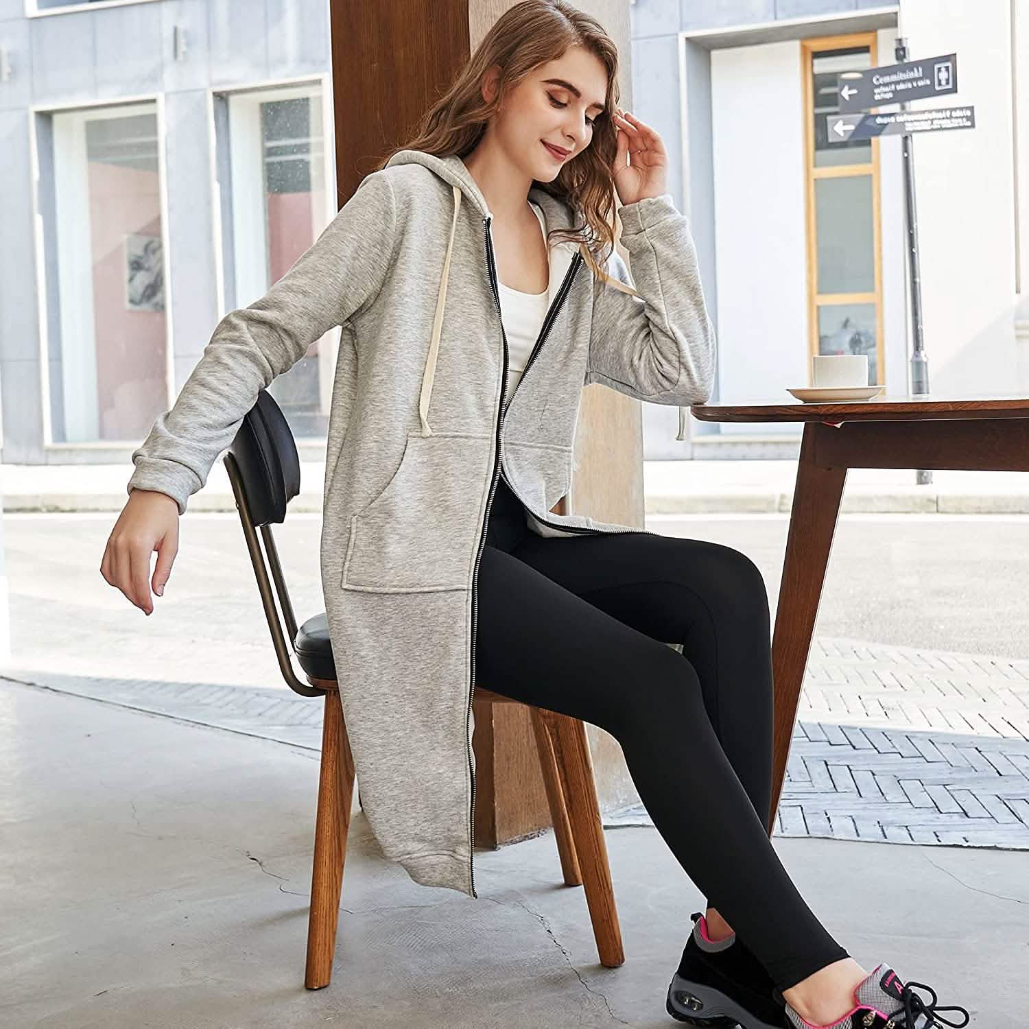 Sweats à capuche zippés décontractés pour femmes, tuniques longues, vestes de survêtement, sweat à capuche tendance grande taille avec poches