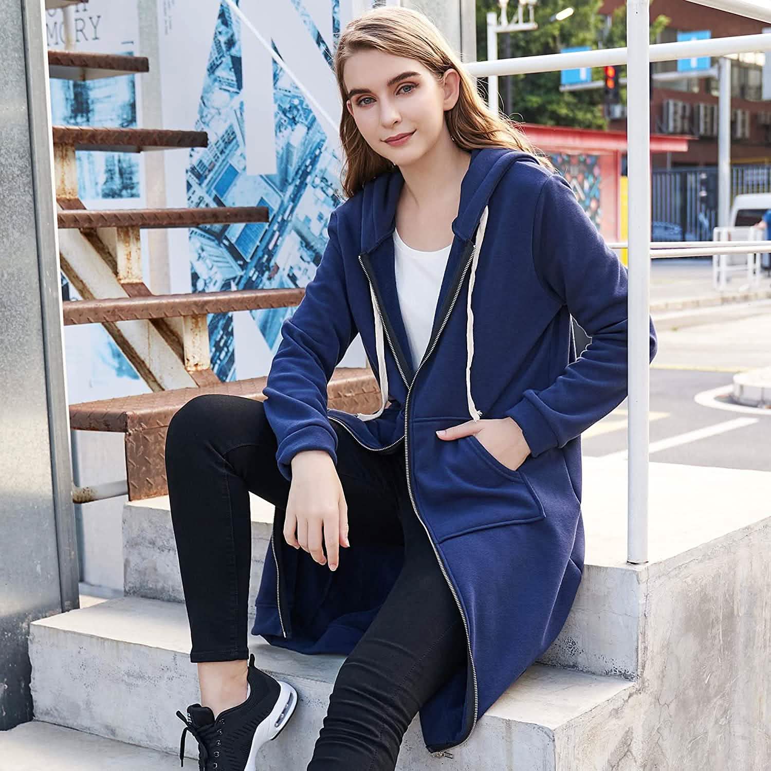 Sweats à capuche zippés décontractés pour femmes, tuniques longues, vestes de survêtement, sweat à capuche tendance grande taille avec poches