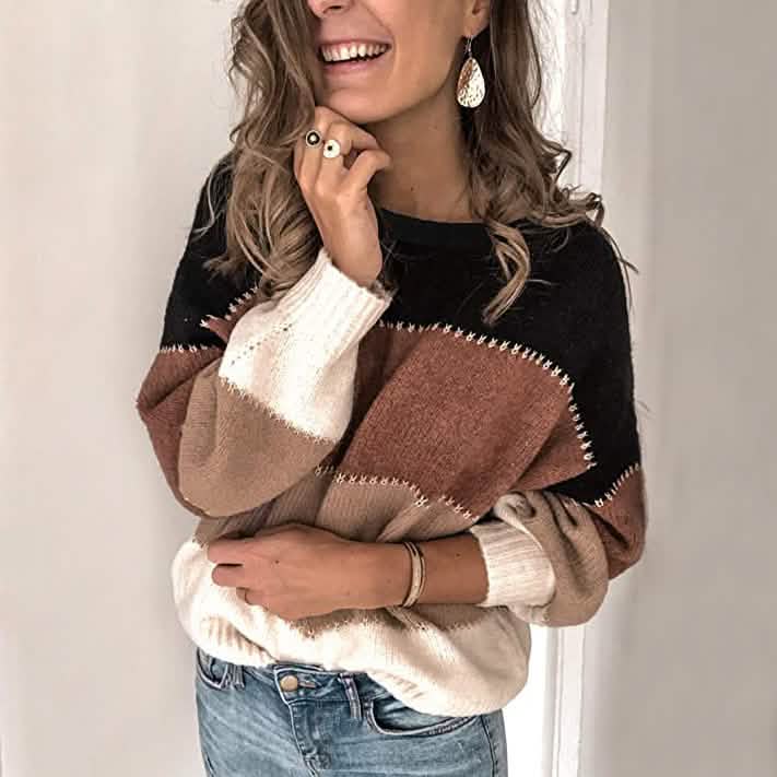 Pull en tricot patchwork à col rond pour femme