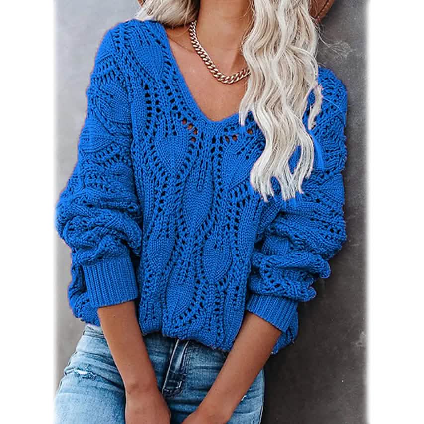 Pull en tricot à col en V ajouré en crochet pour femme
