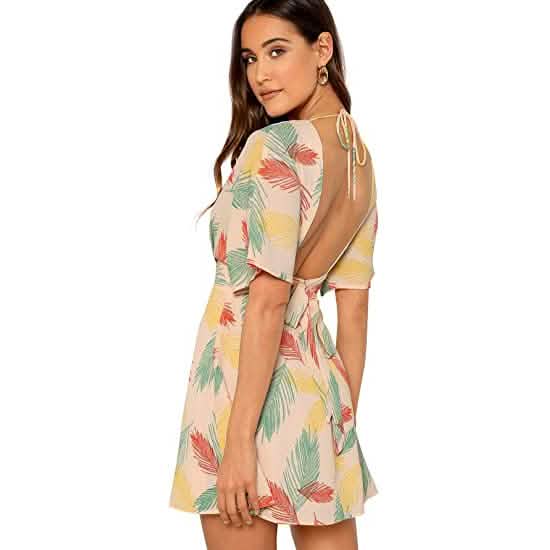 Robe courte évasée à décolleté plongeant et nœud sur le devant, imprimé fleuri fantaisie pour femme