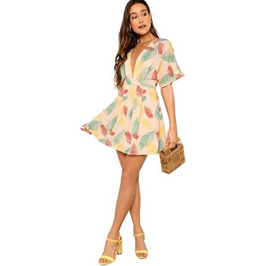 Robe courte évasée à décolleté plongeant et nœud sur le devant, imprimé fleuri fantaisie pour femme
